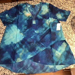 Catherines  V-Neck Blouse Blue Green Teal Lightweight Tropical 1X